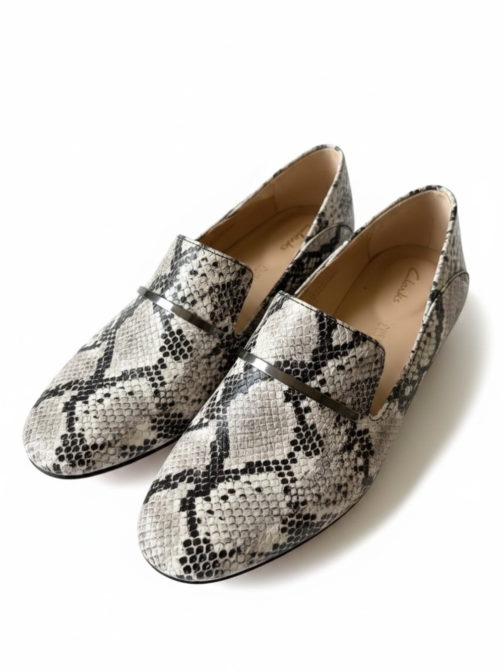 Clarks Snake-Print Leather Loafers in Black and Cream